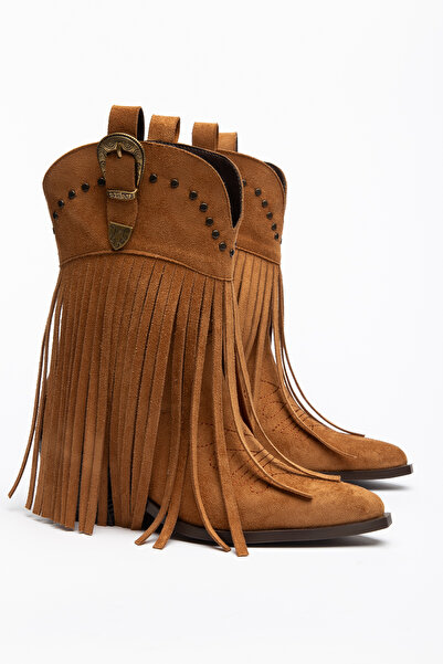 DENORA Tan Matte Suede Tasseled Buckle Western Cowboy Boots