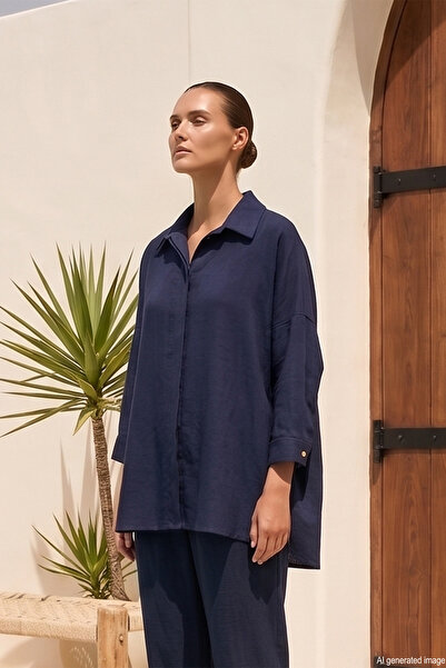 Lale Butik Linen Shirt 19605 Navy Blue