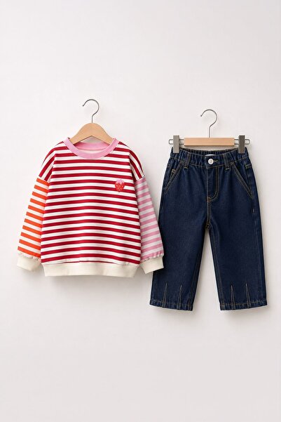 Minigimin Cicileri Strawberry Embroidered Striped Sweatshirt & Wide Leg Jean ...