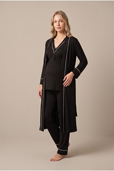 LOHOUSE Women's Black Pajama Set with Buttons and Ribbed Sleeves for Maternit...
