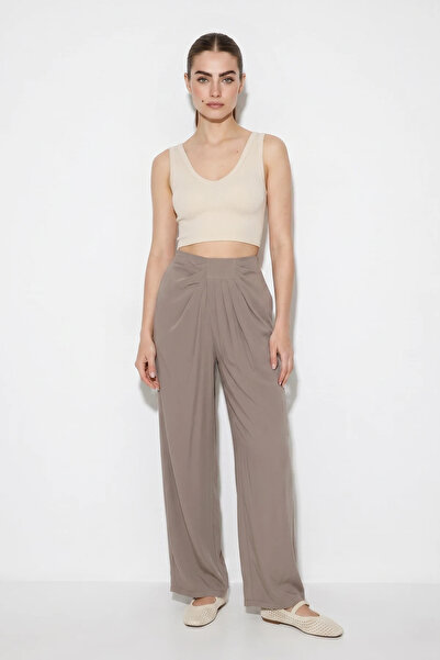 Efnaz style Women's High Waist Pleated Detailed Pocketed Wide Leg Stone Pants