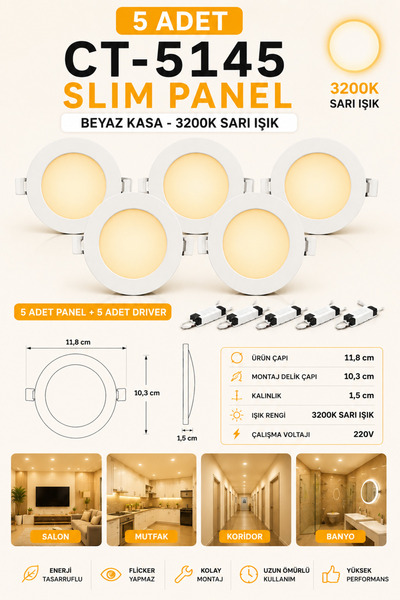 Yenilig 5 Adet CT-5145 Slim Panel 6W Beyaz Kasa 3200K Sarı Işık – 11,8 cm Ult...