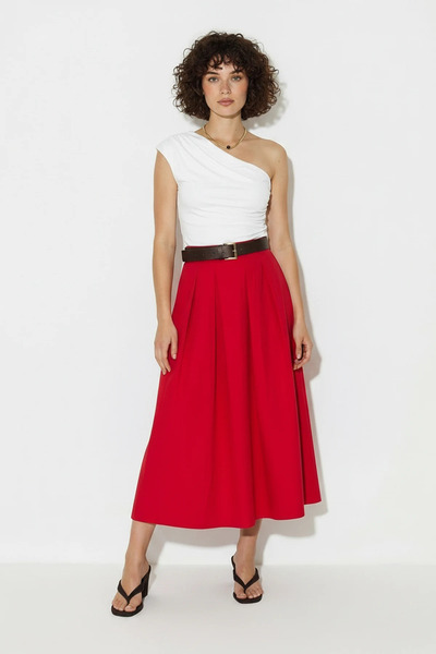 Şeker Portakalım Women's Belted High Waist Pleated Detailed A-Line Maxi Red S...