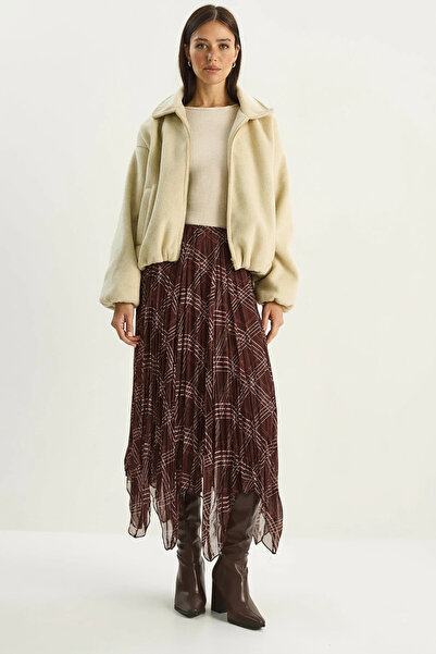 Generic Brand Women's Plaid Patterned Wrinkled Effect Lined Midi Chiffon Skir...