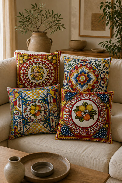 dekomingo Mediterranean Tile and Lemon Pattern Decorative Throw Pillow Cover ...