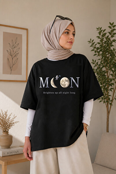 BAGAND Premium Moon Astronaut Printed Oversize Unisex T-Shirt Black Space The...