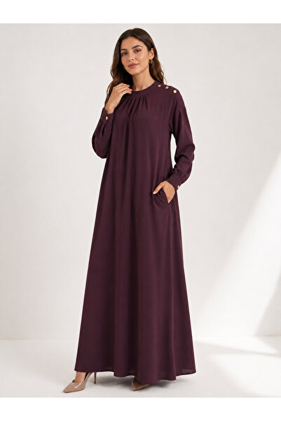 Meşe Moda Women's Plum Gold Metal Buttoned Pocketed Maxi Length Loose Dress
