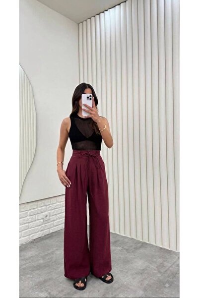 Olbia Women's Burgundy High Waist Tie-Waist Tencel Trousers
