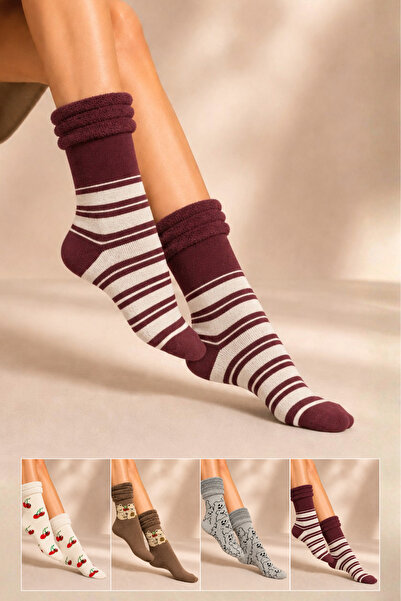 KARDEŞLER ÇORAP Women's Patterned Curly Terry Socks 4-Piece Socks