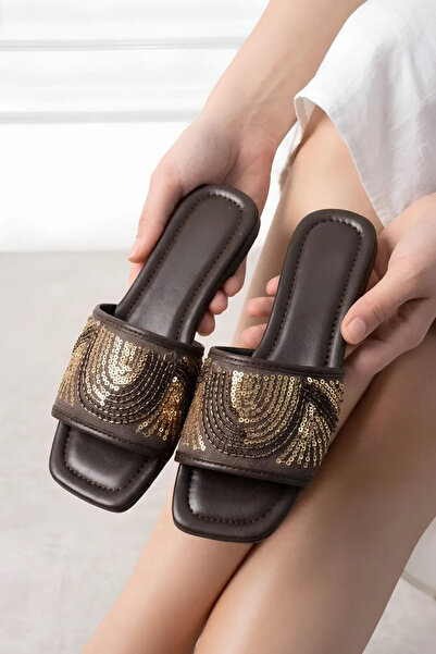 FUGA MODA Olmo Brown Tulle Embroidered Sequin Beaded Women's Slippers