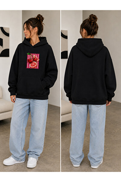 Harmandar Cherry Citrus Baskılı Siyah Unisex Kanguru Cepli Kapüşonlu Sweatshirt Hoodie
