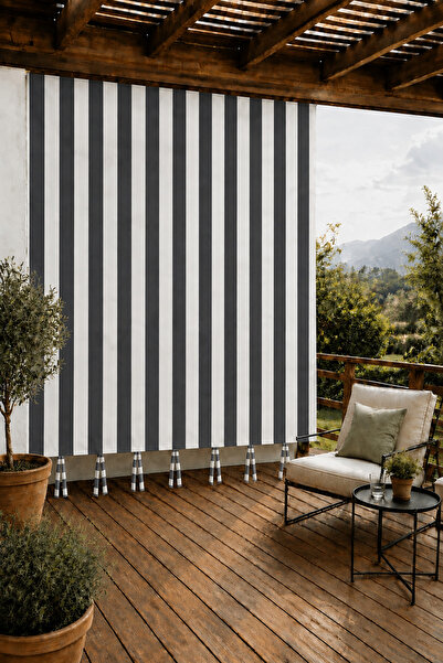 SHY TEKSTİL Gray White Top Cornice Lace-Up Balcony Curtain, Outdoor Curtain f...