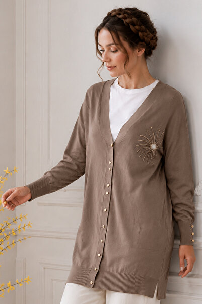 benguen Collar Detailed Mercerized Cardigan N3362 Mink