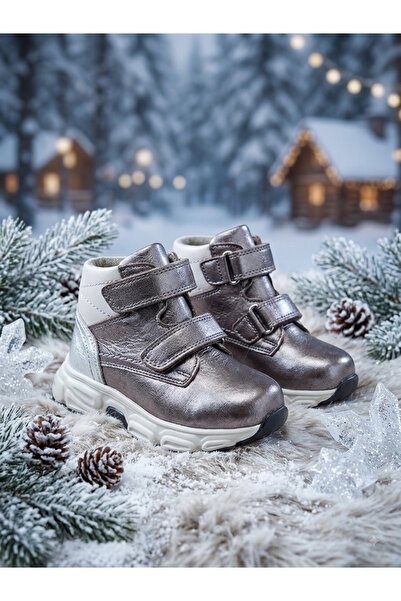 nuh kids Genuine Leather Platinum Velcro Baby Girl Boots