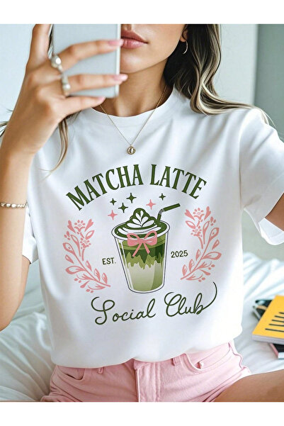 ZAVIXO Women's White Matcha Latte Printed Oversize T-Shirt Social Club Writte...