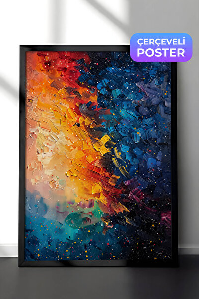 Zestia Pictură murală în ulei abstractă cu ramă neagră, textură colorată a ce...