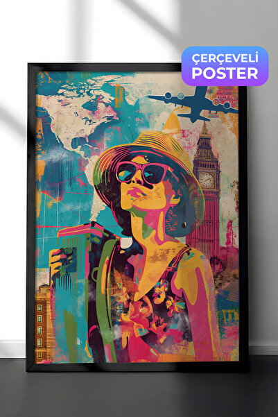 Zestia Crna uokvirena pop art zidna slika za putovanja, kolaž putnice sa temo...