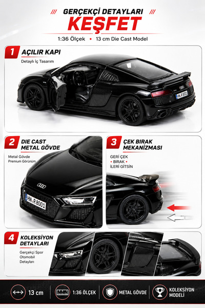 YILDIRIM OYUNCAK Die Cast Audi R8 V10 Model Araba 13cm – 1:36 Ölçek Metal Gövdeli Açılır Kapılı Çek Bırak Araba