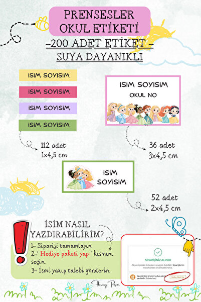 Flowery Paper Okul Kalem Defter Kitap Etiketi Özel Isim Yazılabilen Suya Daya...