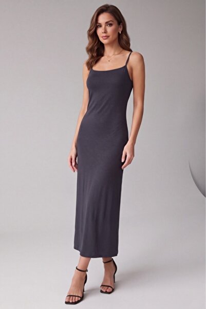 Betimoda Women's Rope Strap Square Neck Viscose Long Basic Dress Anthracite