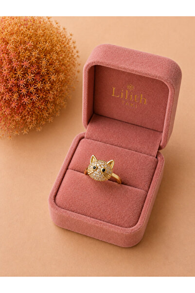 Lilith Takı Women's Stress Ring with Cat Figure and Stone, Rotating, Gold Col...