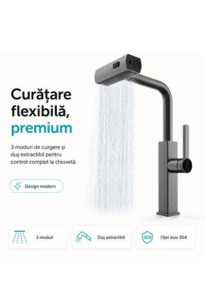 iTin Baterie bucatarie Premium cu dus extractibil, 3 moduri de curgere, otel ...