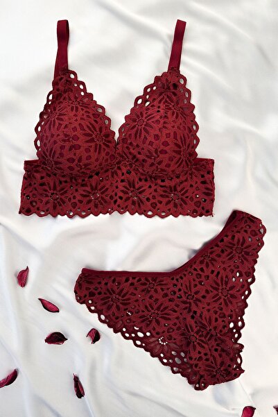 ANDİORA Burgundy Floral Patterned Lace Bralet and Panty Lingerie Set