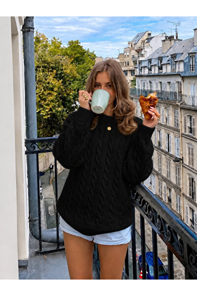 POİNE Women's Oversize Crew Neck Hair Knit Patterned Knitwear Sweater