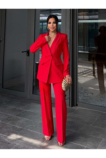 bykadriyeyılmaz Gigi Saten Collar Detailed Double Suit Red