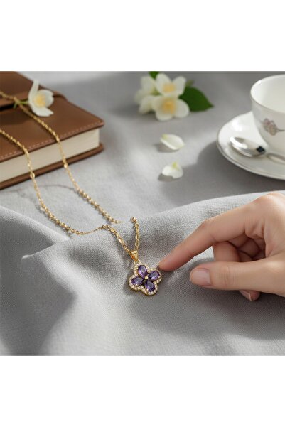 NO BRAND Set de bijuterii pentru femei cu trifoi și zirconii violet: colier ș...