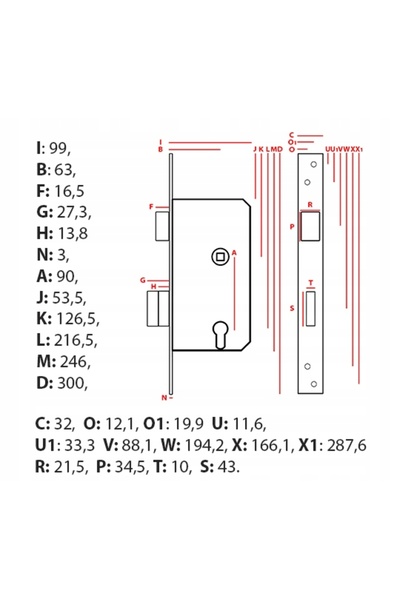 NO BRAND SERRURĂ CASTE 90X63 MM DREAPTA PENTRU INSERT + CUTIE