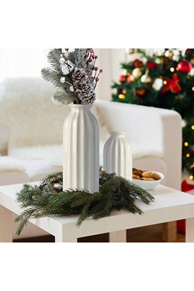 NO BRAND Set de 2 vaze ceramice striate, stil boho, albe