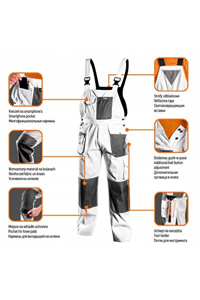 NEO Tools Pantaloni de lucru cu bretele, albi, HD, mărimea S/48