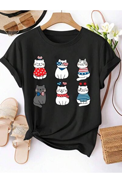 k222 Women's Plus Size Cute Cats In Patriotic Outfits Print T-Shirt - Fun 4th...