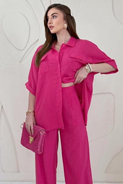 Elbee Fashion Woman Set cămașă și pantaloni cu detalii buzunar în culoarea fu...