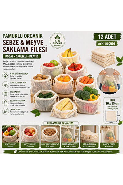 Magiclady 12 Adet Meyve ve Sebze Filesi – 30 x 35 cm Büzgülü Yıkanabilir Sakl...
