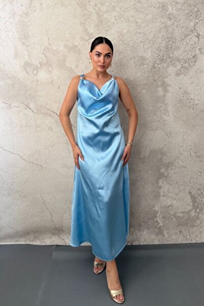 ELBEE Blue Satin Degaje Collar Shoulder Buckle Dress