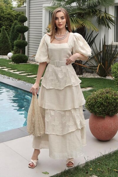 SEREMONİ BUTİK Beige Balloon Sleeve Detailed Layered Floral Dress