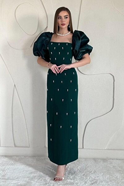 Elbee Fashion Woman Emerald Sleeve Paneled Embroidered Detailed Dress