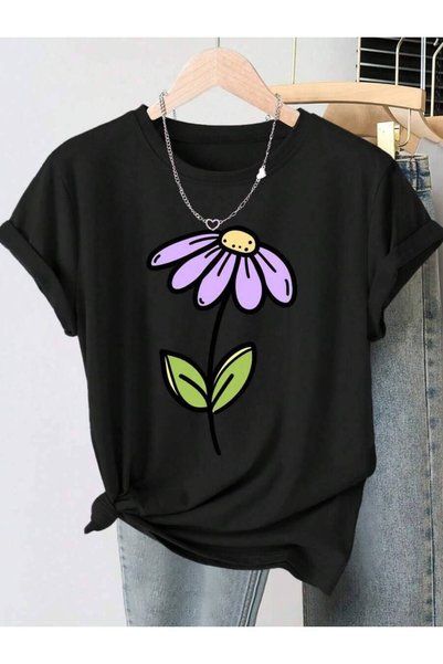 4CR Women's Vintage Distressed Purple Daisy Print T-Shirt - Soft Round Neck S...