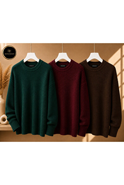 DepoExport Women's 3-Piece Crew Neck Oversize Knitwear Sweater Soft Knitted S...