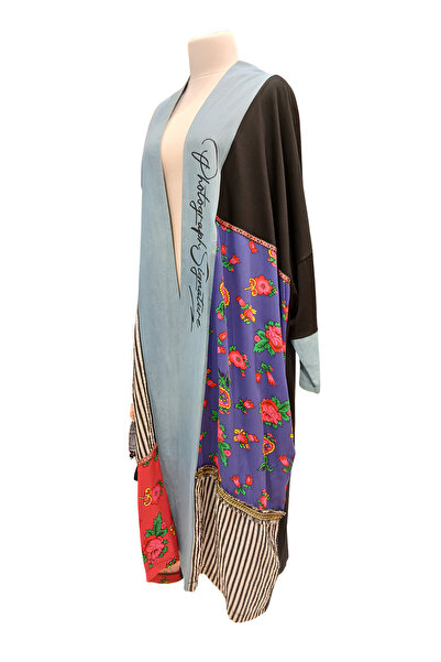 LA VELINA Women's Multicolor Patchwork Patterned Bohemian Long Kimono Cardigan with Text Detail