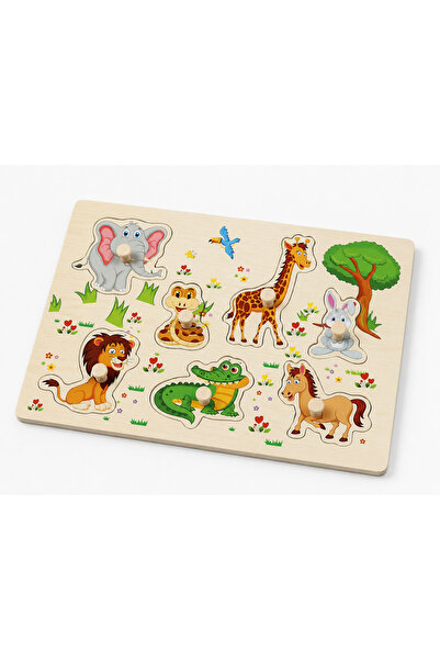 PinkBlue Puzzle din Lemn Montessori pentru Copii, 7 Piese cu Animale Salbatic...