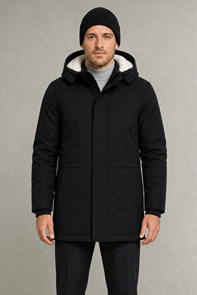 Montland Men's Black Removable Hooded Fur Lined Water and Wind Resistant Wint...