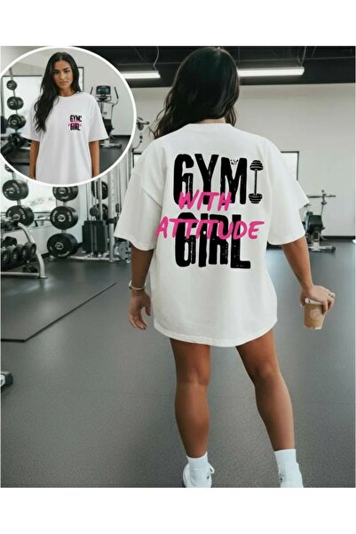 ZAVIXO Oversize Gym Girl Tişört Fitness Ağırlık Temalı Ön Arka Baskılı Spor T...