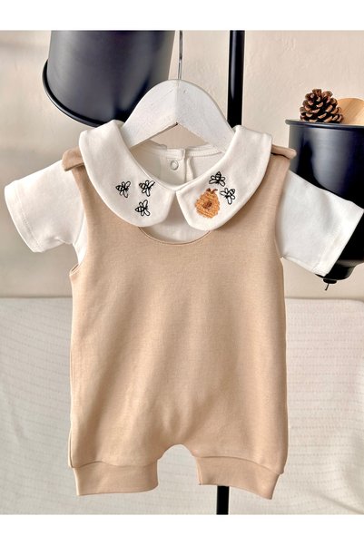 Mama Miel Baby Honey Bee Embroidered Bodysuit and Milk Coffee Combed Cotton Baby Salopet Set 100% Cotton