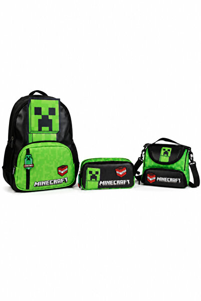MINECRAFT Lisanslı Creeper 3'lü Okul Çantası Seti Yeşil Siyah – Okul Çantası,...