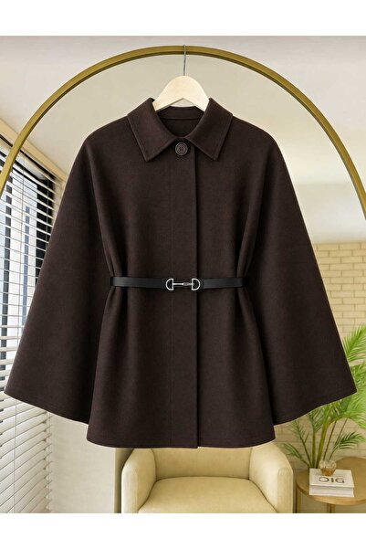 Giyim Gezegeni Brown Poncho Belted Cashmere Women's Winter Stylish Oversize P...