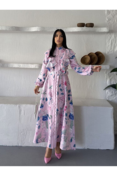 NEW JOURNAL Women's Powder Chokella Fabric Ruffle Detailed Belted Maxi Dress ...