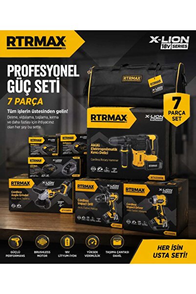 RTRMAX X-LION 18V 7 Parça Profesyonel Akülü Makine Seti – Darbeli Matkap, Darbeli Vidalama, Kırıcı Delici, Avuç Taşlama + 3 Akü + Şarj + Çanta